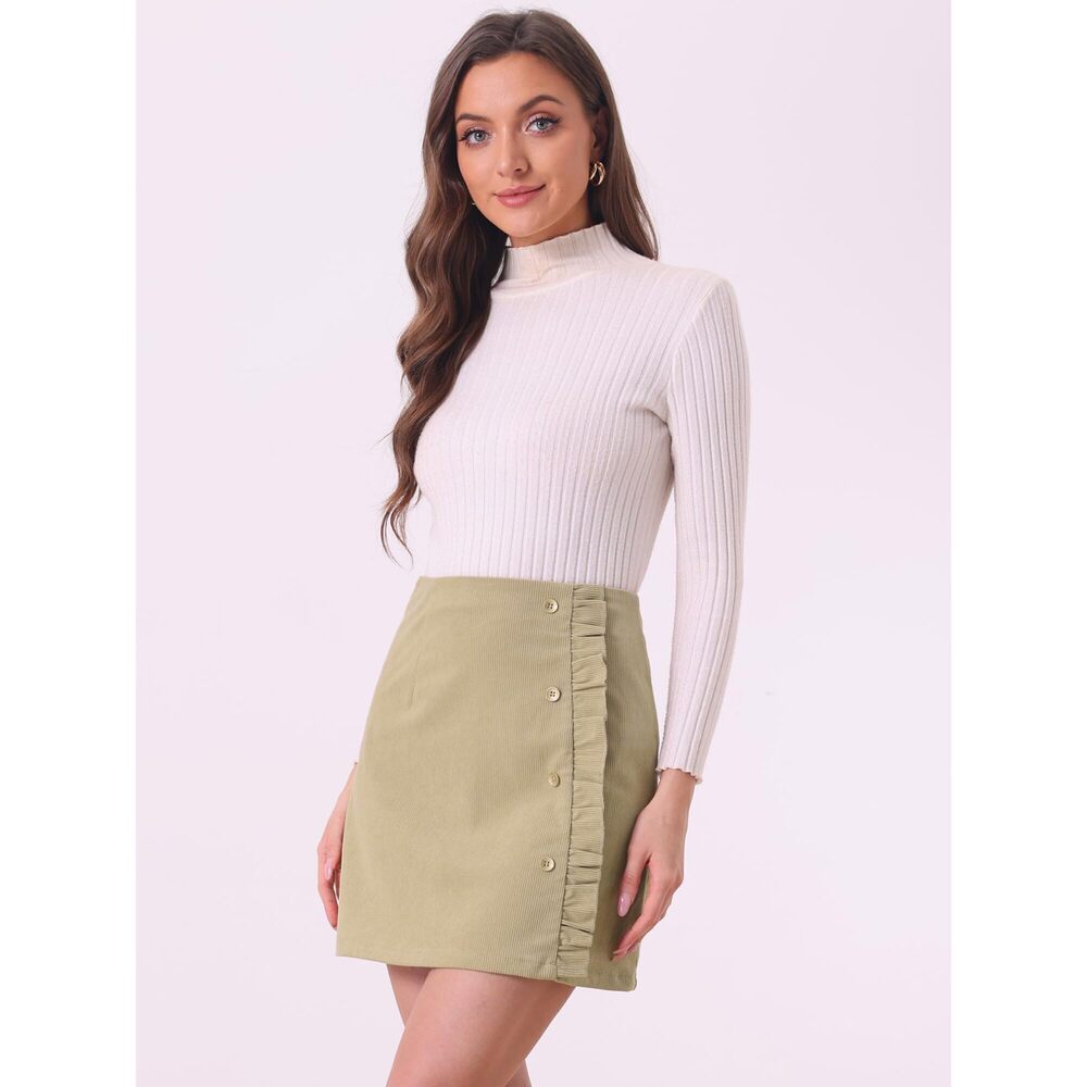 6053 Corduroy Vintage Button Decor Ruffled Trim High Waist Short Skirt - Picture 2 of 5